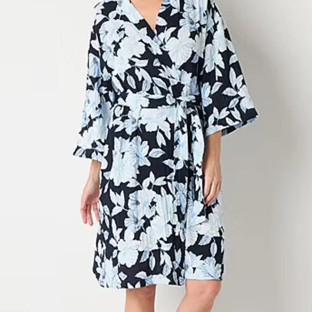 Robe L XL Blue-Floral 3/4 Sleeve Bath Spa Cotton Tie Pockets Sleep Lounge Pajama
